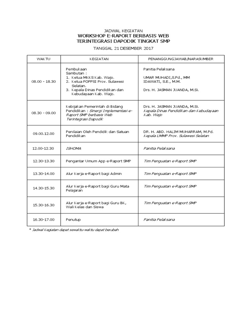 Jadwal Kegiatan Workshop Eraport 2017