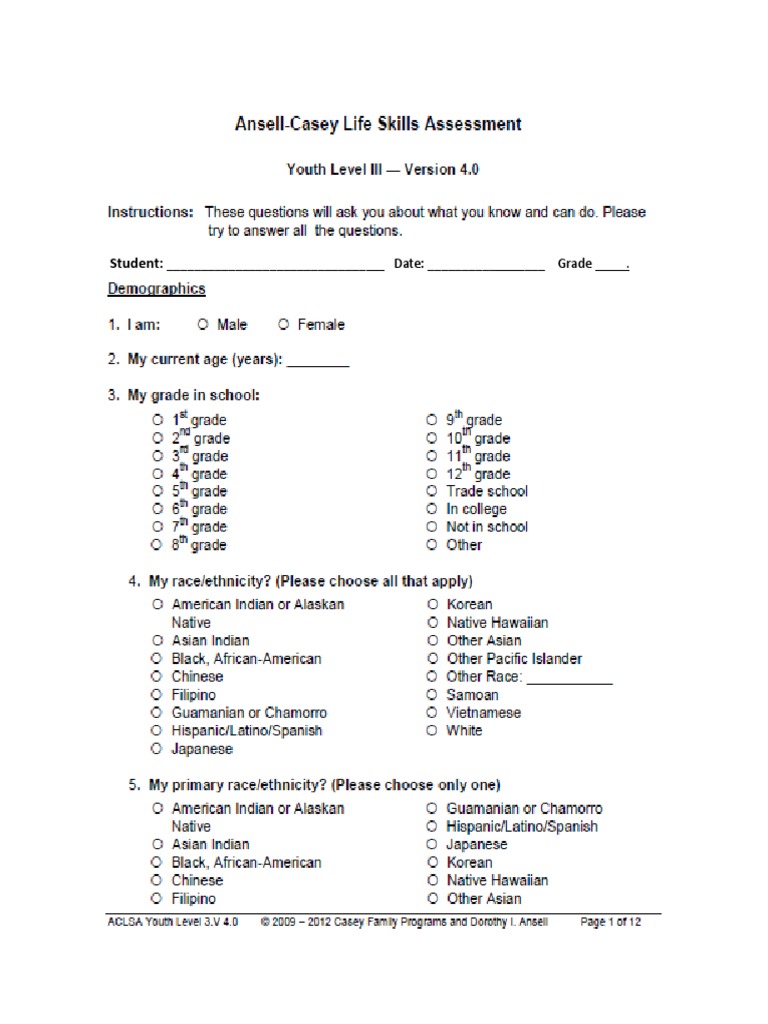 Casey Life Skills Transition Assessment Ages 13 - 15 | PDF