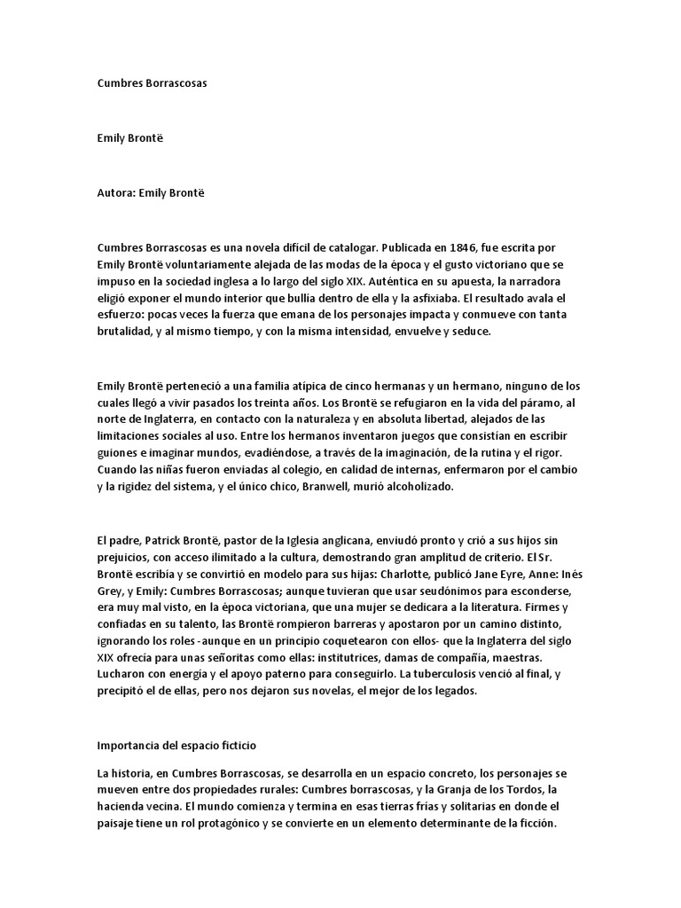Cumbres Borrascosas Analisis | PDF | Emily Brontë | cumbres borrascosas