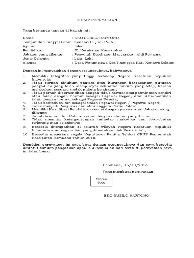 Contoh Surat Pernyataan 10 Poin. Word | PDF