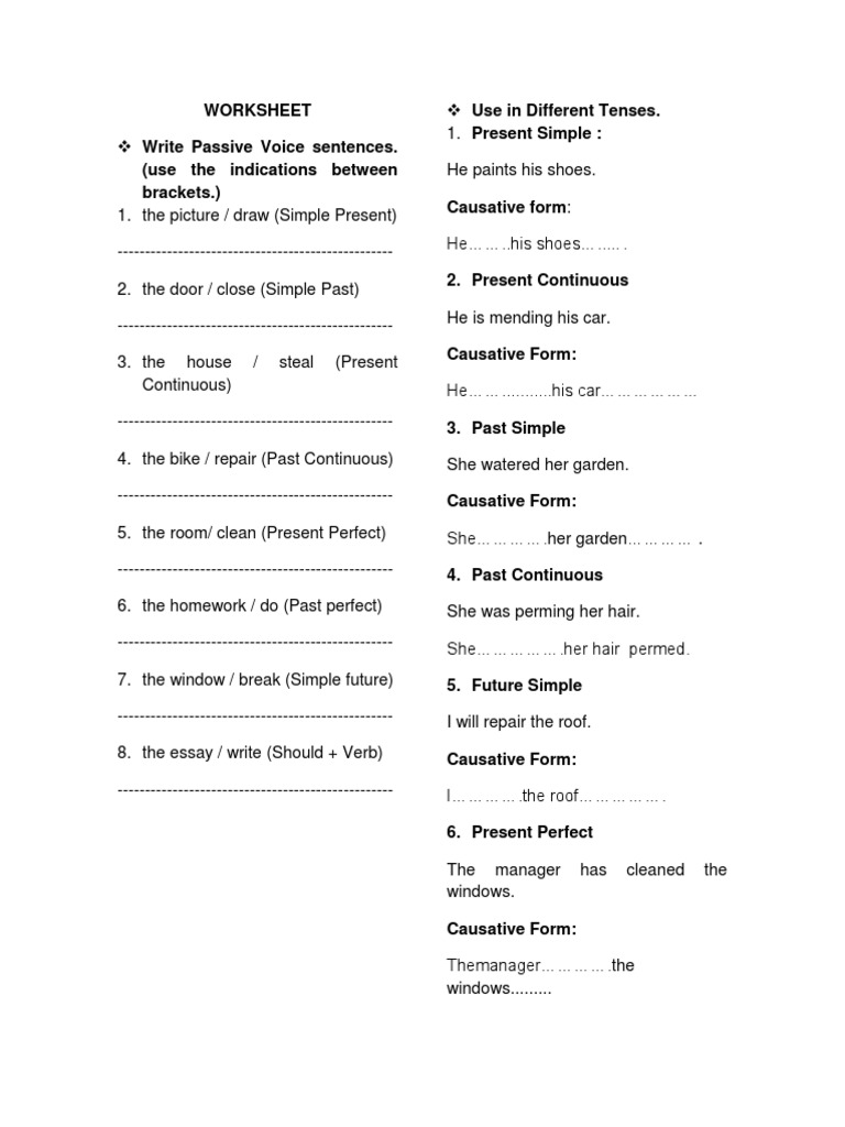 WORKSHEET Passive Voice and Causative Form | PDF