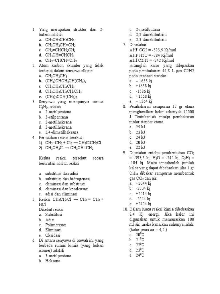 Latihan Soal Hidrokarbon Dan Termokimia
