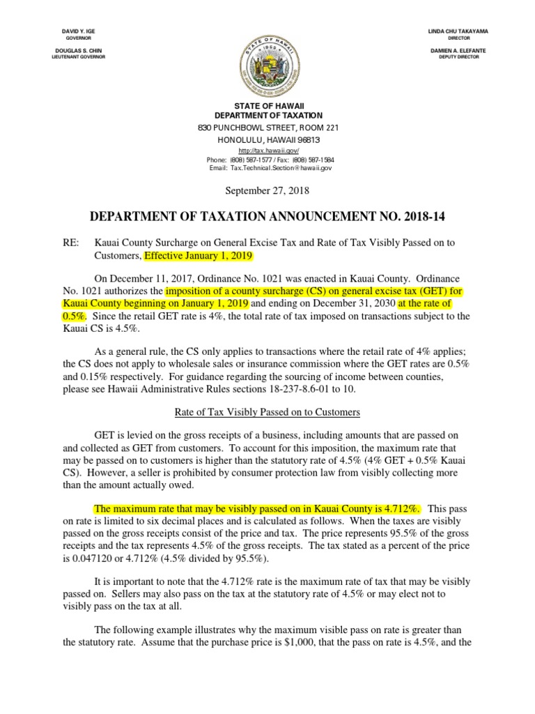 Kauai County Surcharge On General Excise Tax As of Jan 2019 PDF