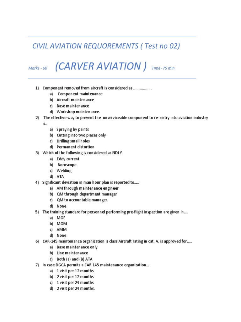 Car - 145 Test Paper 01 | PDF | Safety | Aviation
