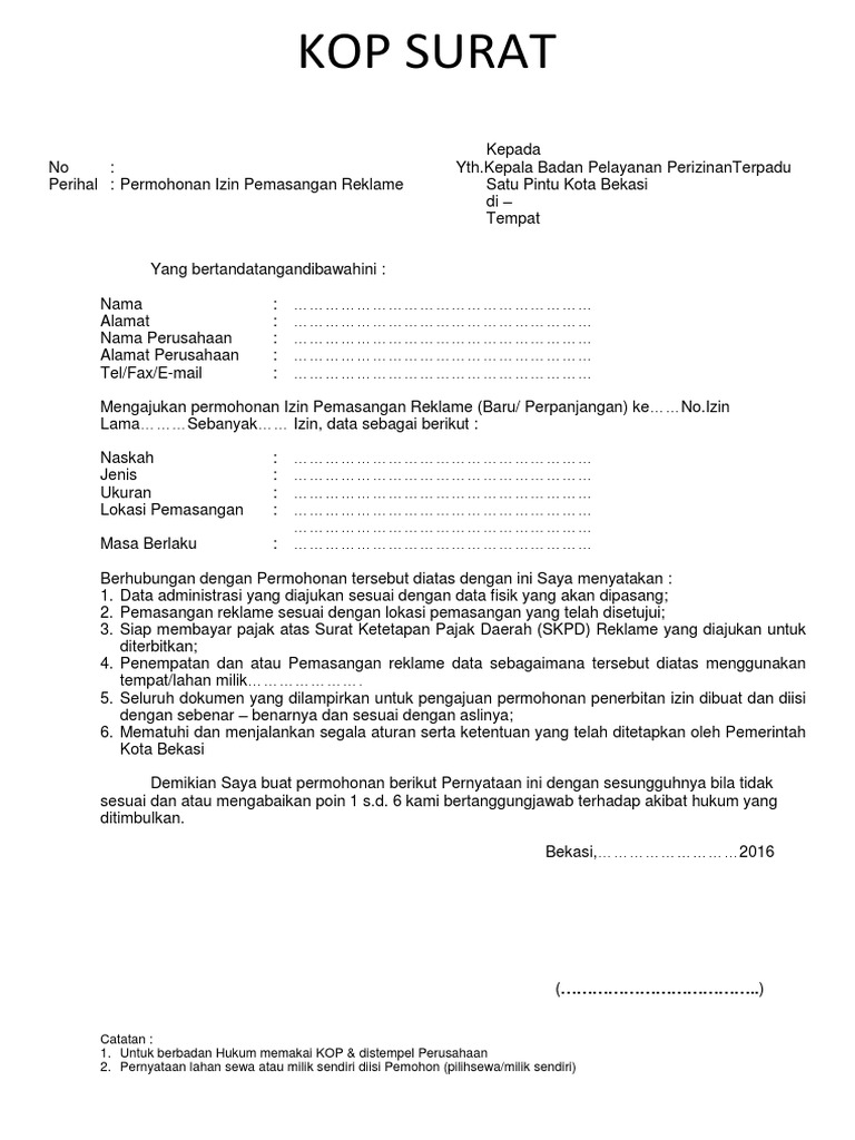 Blanko = Surat Permohonan Pemasangan Reklame