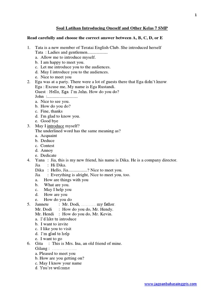 Soal Introducing Oneself And Other Kelas 7 Smp