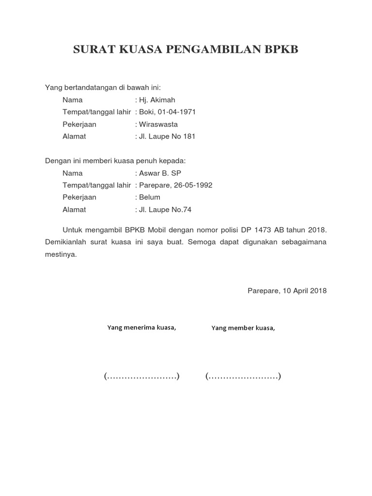 Surat Kuasa Pengambilan Bpkb
