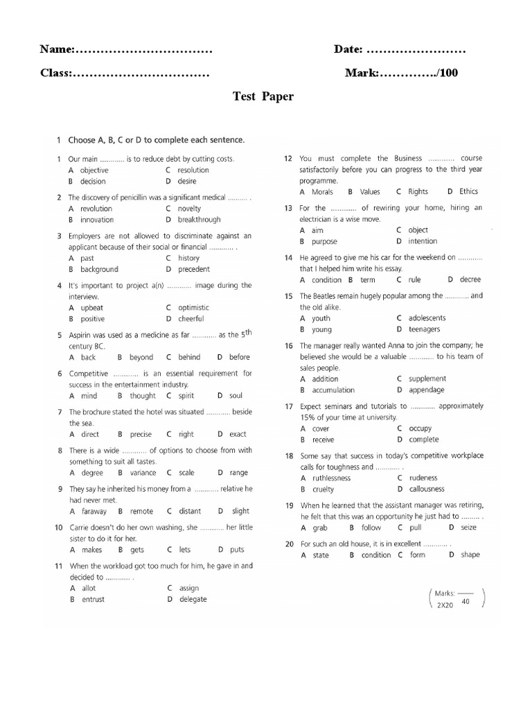 Name: Date: Class: Mark: ../100 Test Paper | PDF | Teaching Methods ...