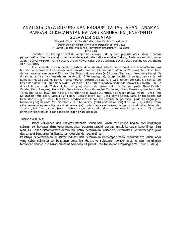 Analisis Daya Dukung Dan Produktivitas Lahan Tanaman 