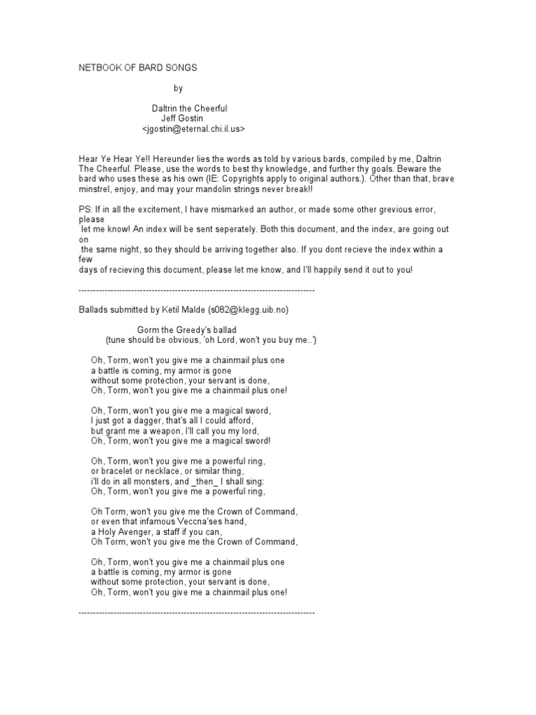 Net Book of Bard Songs 12 Song Structure