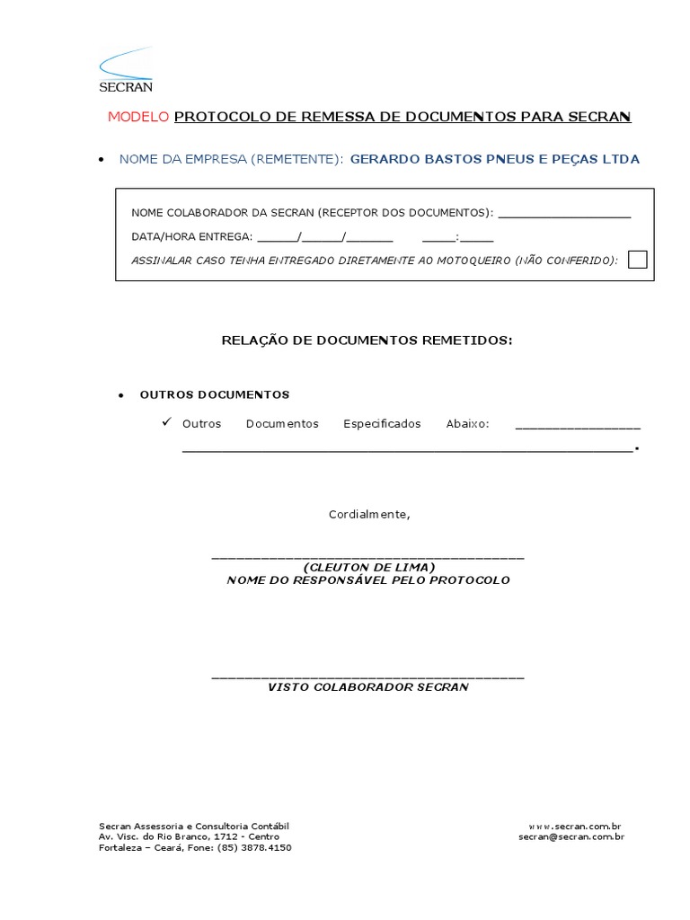 Modelo de Protocolo de Remessa SECRAN | PDF | Finanças e Administração ...