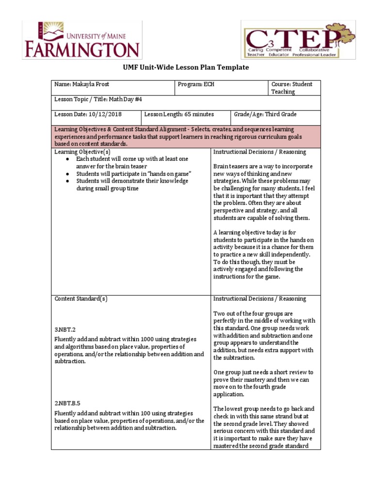UMF Unit-Wide Lesson Plan Template: 3.NBT.A.2 | PDF | Learning ...