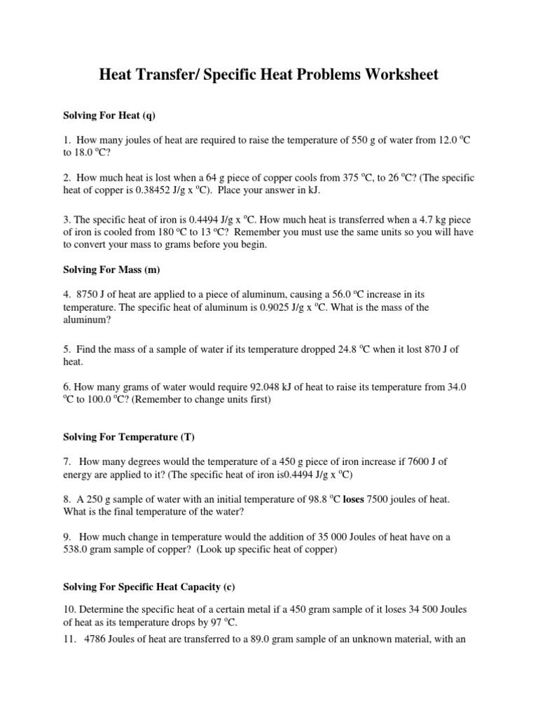 Heat Transfer & Specific Heat Worksheet - Done | PDF | Heat Capacity | Heat