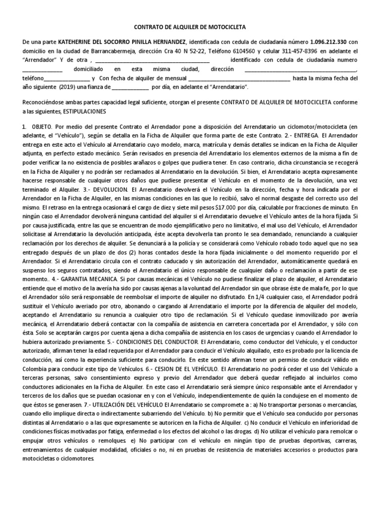 Contrato de Alquiler de Motocicleta | PDF | Seguro | Licencia de conducir