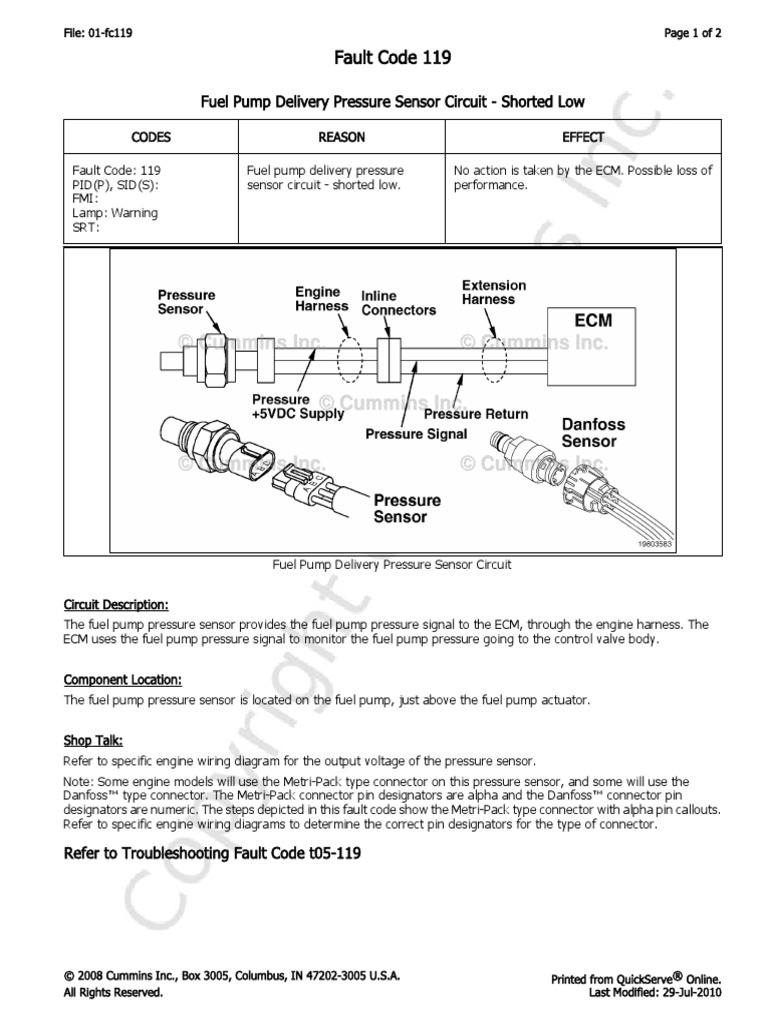 Fault Code 119: Fuel Pump Delivery Pressure Sensor Circuit - Shorted ...