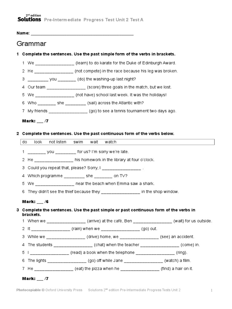 Oxford Solutions Pre Intermediate Test Unit 2