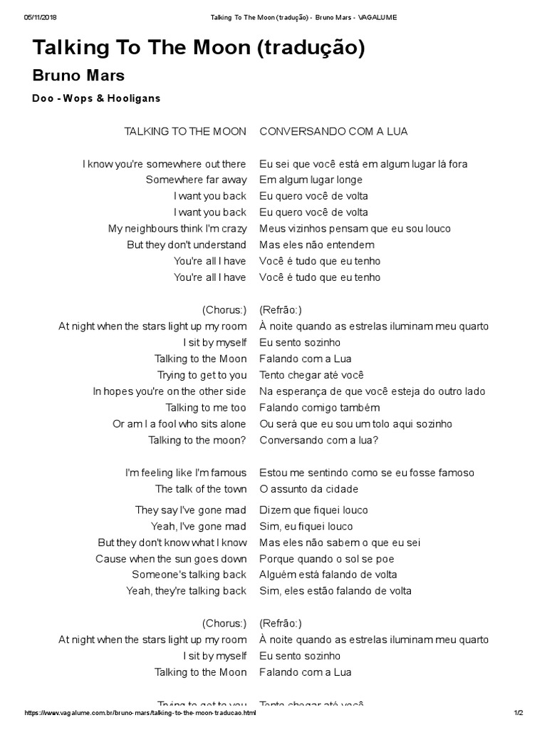 Talking To The Moon Traducao Bruno Mars Vagalume Pdf Musica Pop Musicas