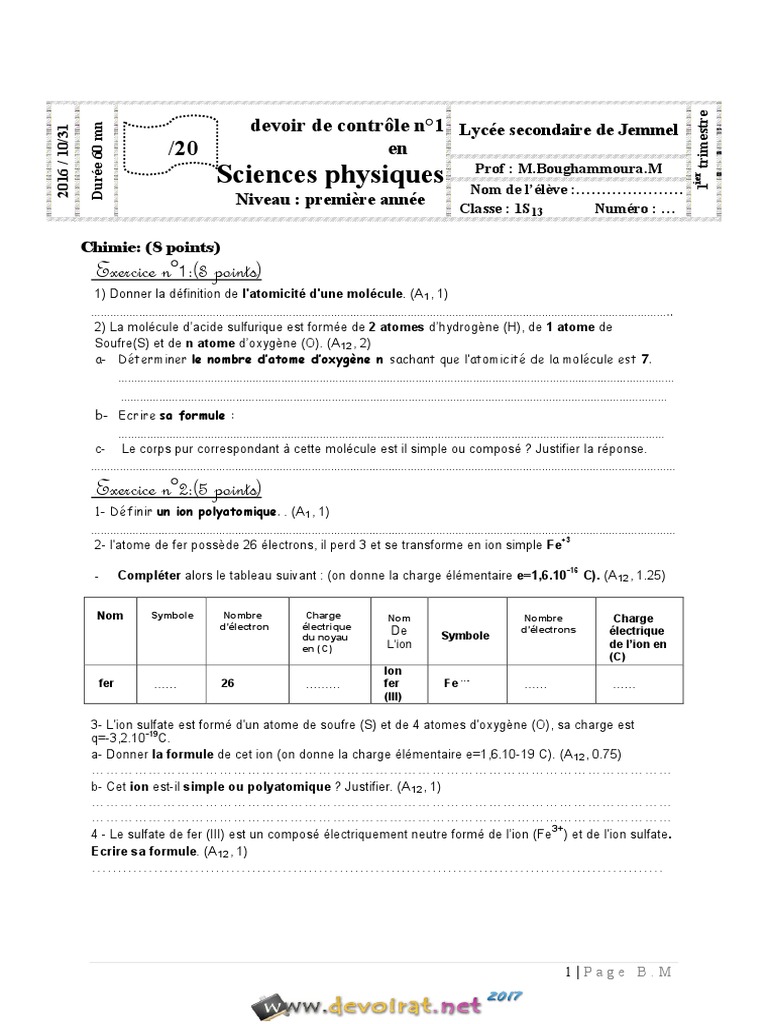Controle Sur Les Ions 3ème Avec Corrigé Devoir Corrigé Sciences Physiques 1 | PDF | Ion | Atomes