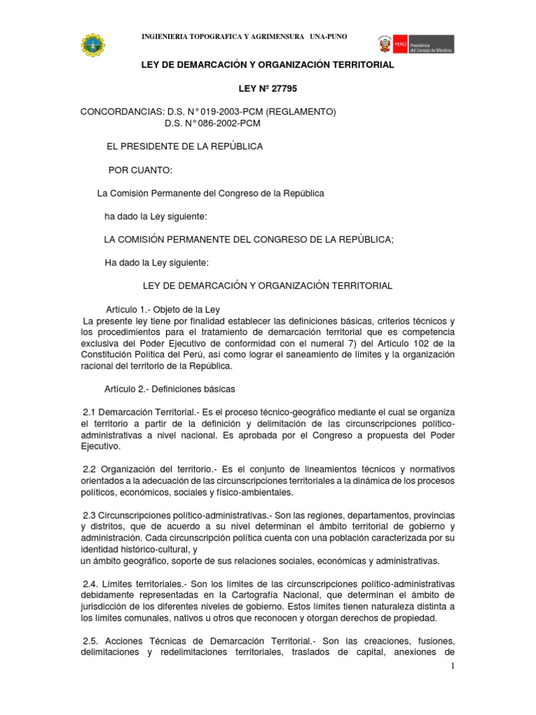 Ley de Demarcacion y Organizacion Territorial 27795 PDF Gobierno local Regulación