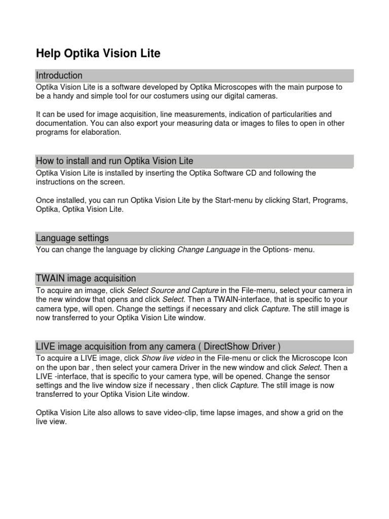 Optika Vision Lite User Guide | PDF | Camera | Menu (Computing)