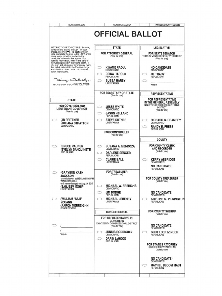 Hancock County IL Sample Ballot 11/2018 Voting