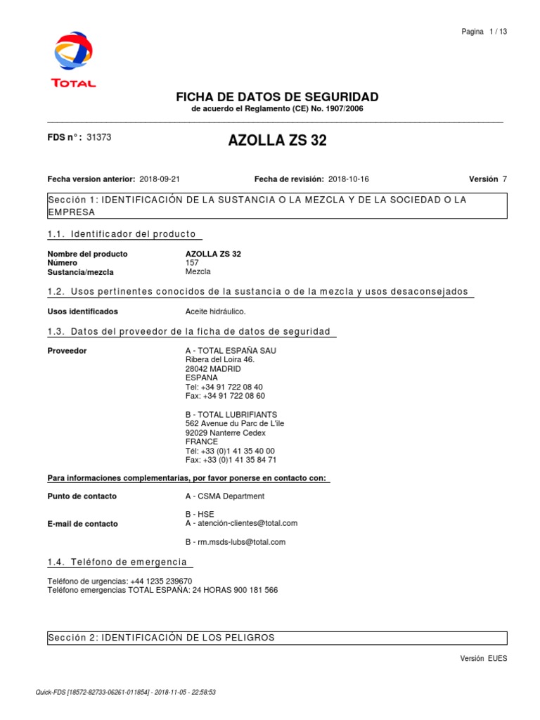 MSDS-Total Azolla ZS 32 | PDF | Combustión | Residuos