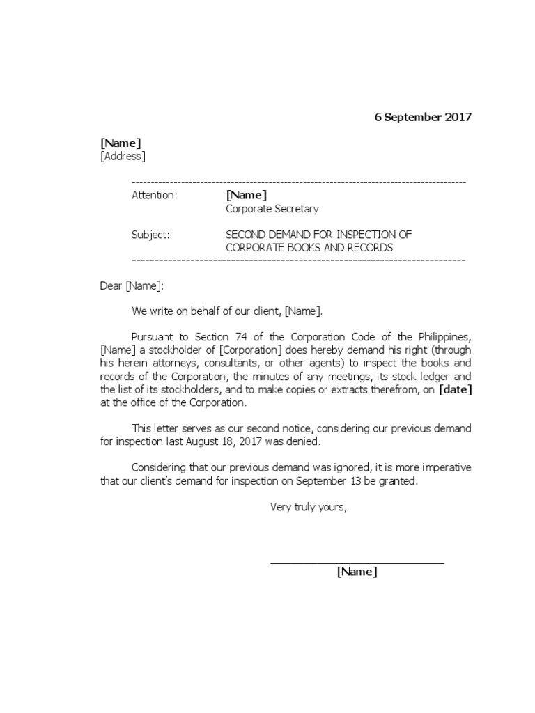 Second Demand for Corporate Records Inspection | PDF | Law