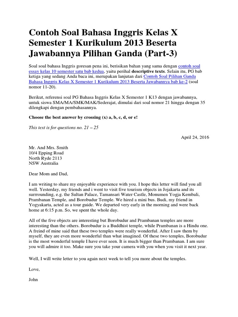 Soal Descriptive Tempat Terkenal Pilhan Ganda Kls 10