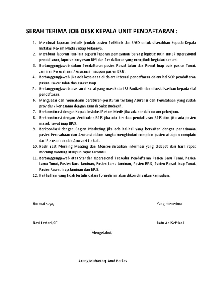 Serah Terima Job Desk Kepala Unit Pendaftaran PDF