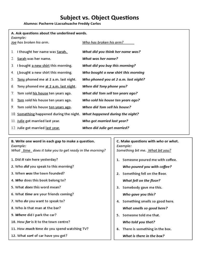 Subject Vs Object Questions Pdf
