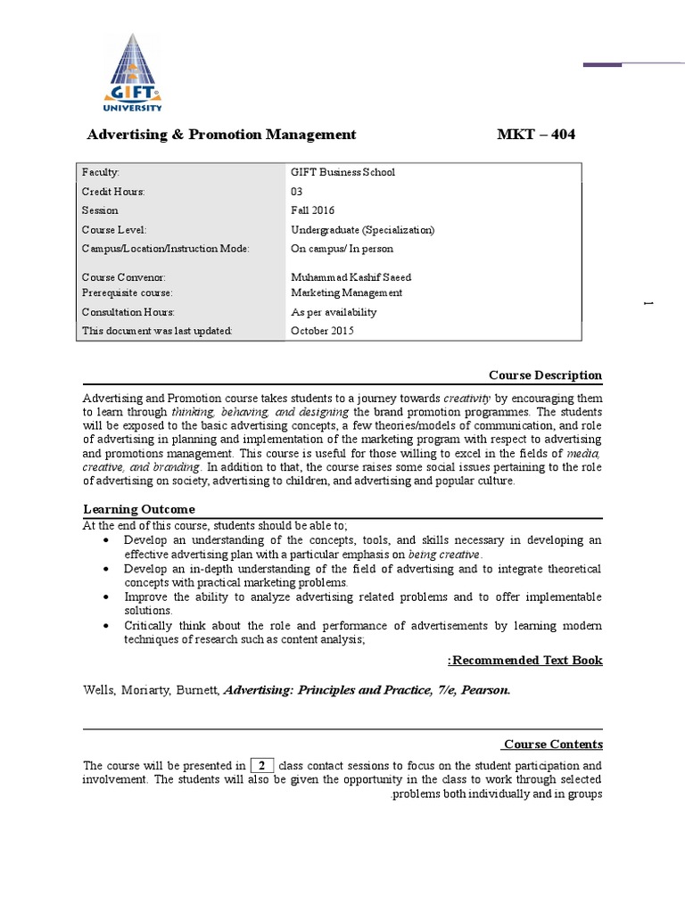 Advertising & Promotion Course Guide | PDF | Advertising | Test ...
