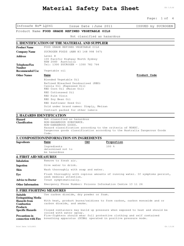 SDS Food Grade Refined Vegetable Oils PDF Vegetable Oil Poison