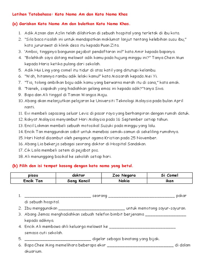 latihan kata nama khas