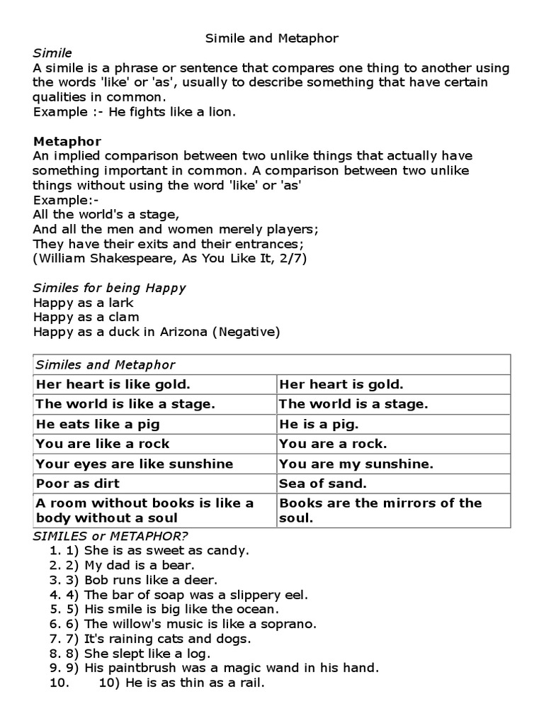 Metaphor Examples For Kids PDF Metaphor Nature