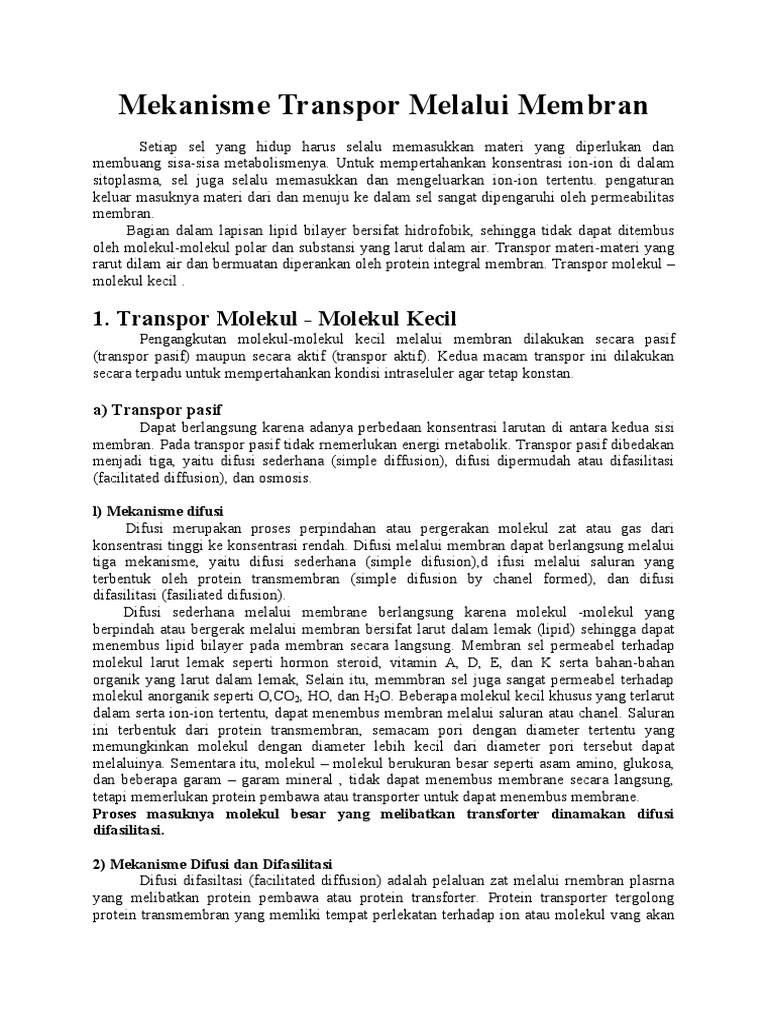 Mekanisme Transpor Melalui Membran Pdf