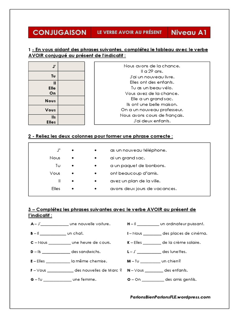 Exercices sur le verbe avoir au présent | PDF