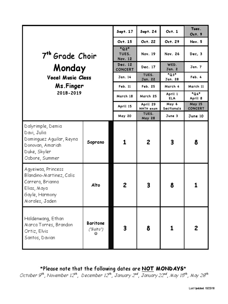 7th Grade Choir Schedule 2018-2019 | PDF | Vocal Music | Singing
