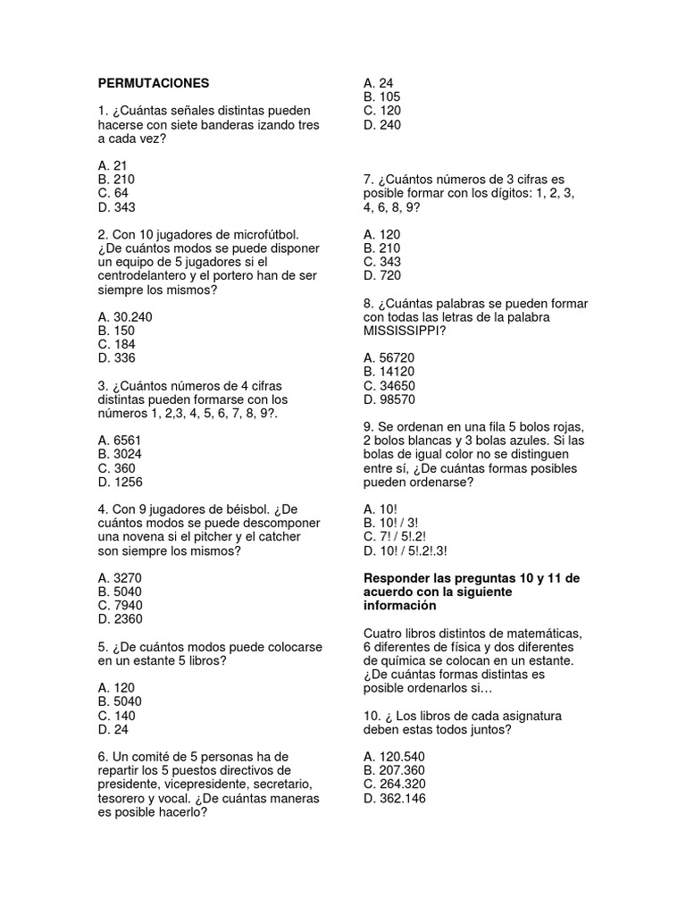 Ejercicios de Permutaciones y Combinaciones | PDF | Deportes | Ocio