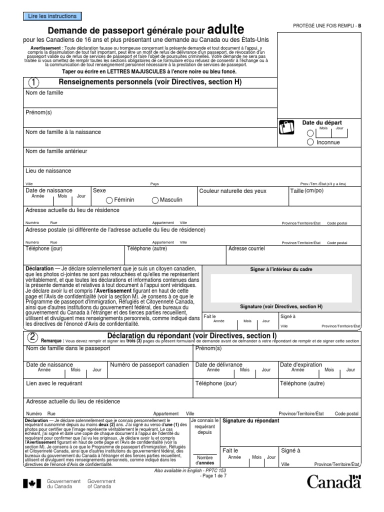 Demande De Passeport Generale Pour Adulte Canada Pdf Passeport Canada