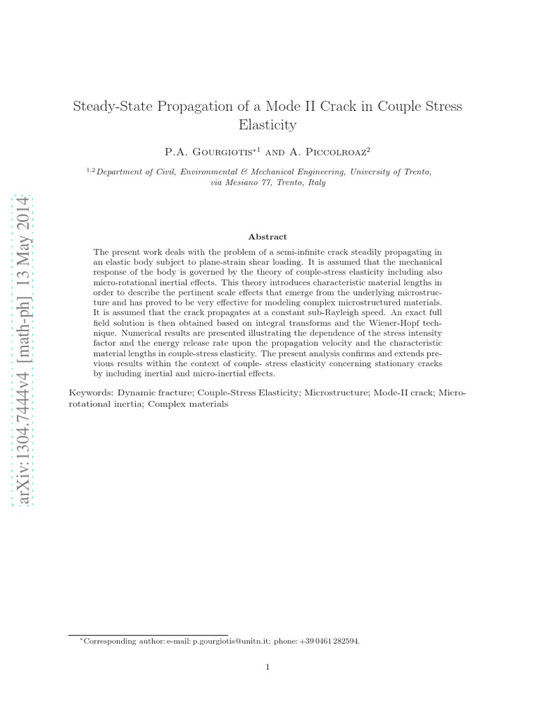 Steady-State Propagation of A Mode II Crack in Couple Stress Elasticity ...