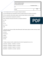 Avaliação de Biologia sobre os seres vivos