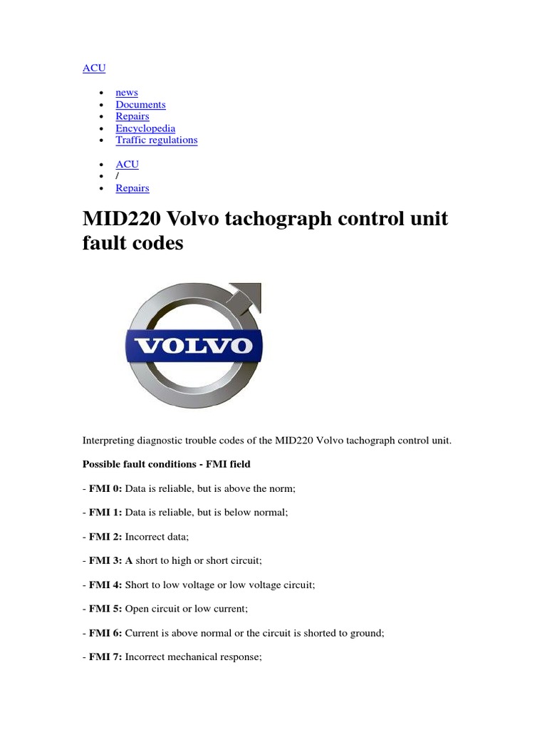 MID220 Volvo Tachograph Control Unit Fault Codes PDF Power Supply