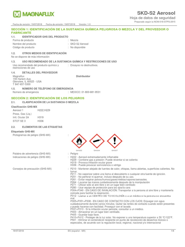 SKD S2 Aerosol - Safety Data Sheet - Espanol PDF | PDF | Concentración ...