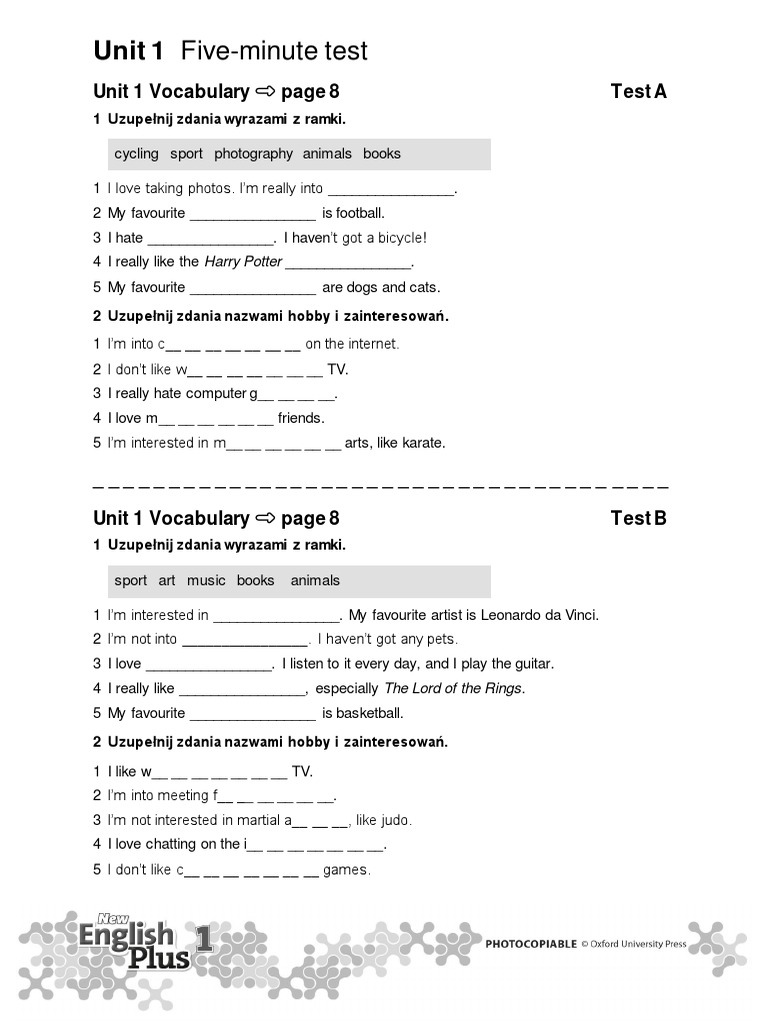 New English Plus 1 Five Minute Tests 1 Pdf Pdf Leisure