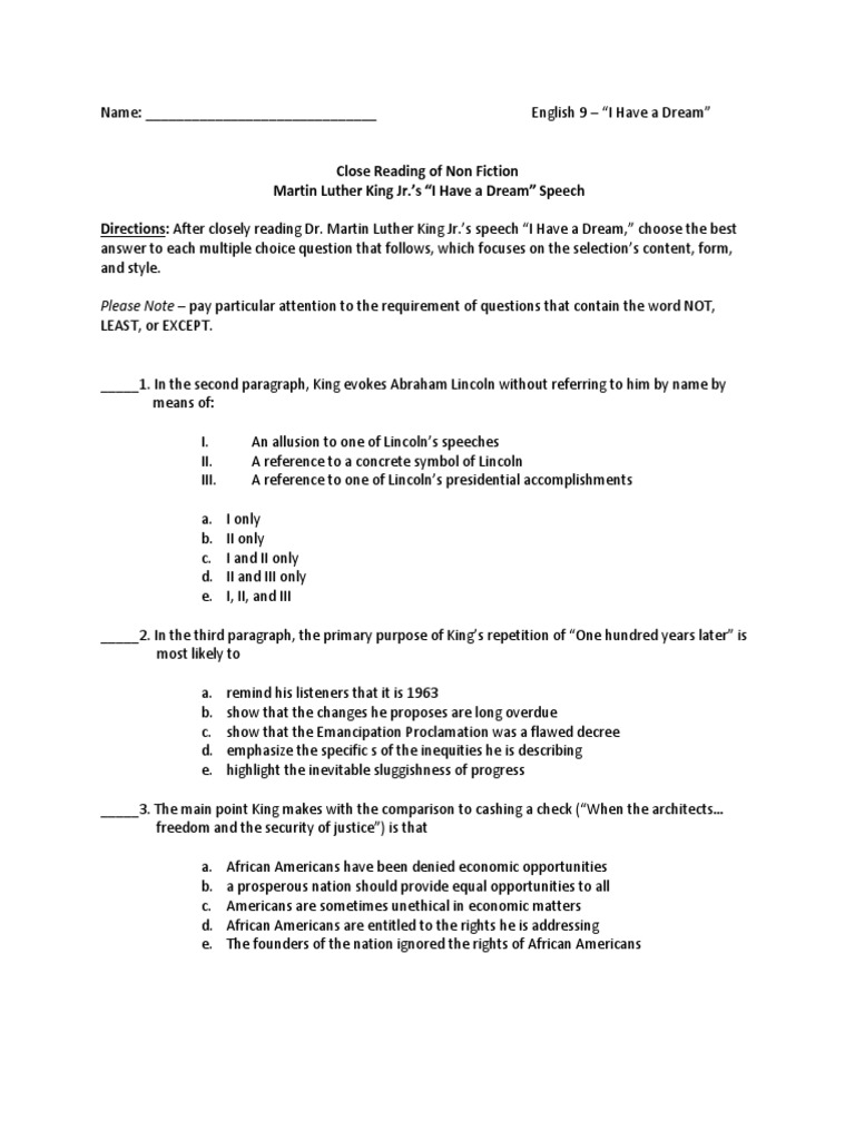 I Have A Dream Analysis Questions Pdf