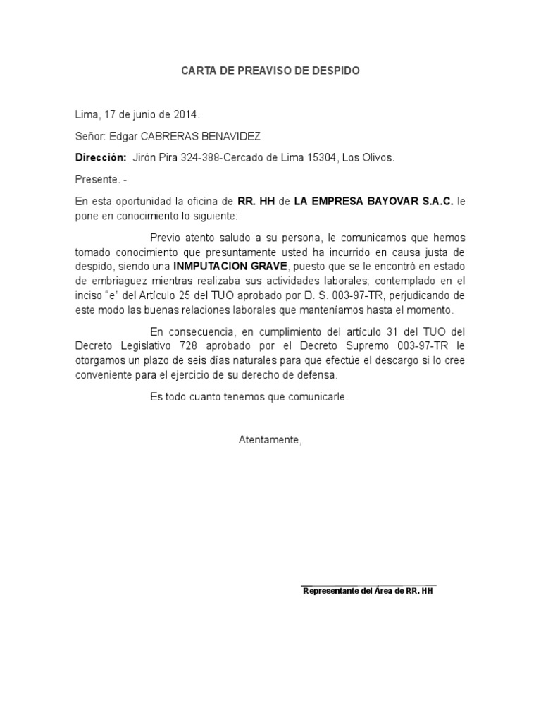 Carta de Preaviso de Despido Derecho laboral Información del gobierno