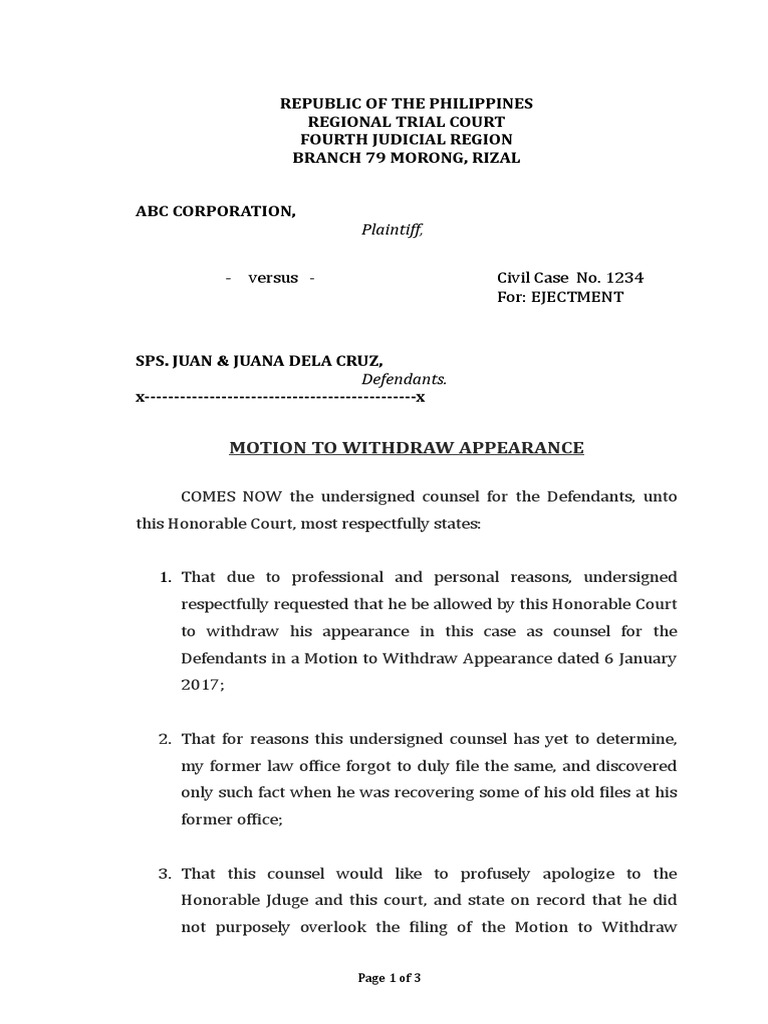 Motion to Withdraw Appearance | PDF | Pleading | Lawsuit