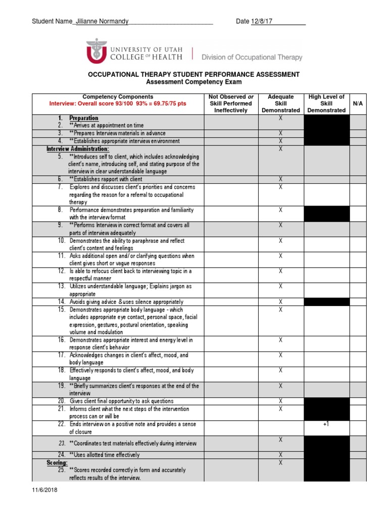 Occupational Therapy Student Performance Assessment Assessment