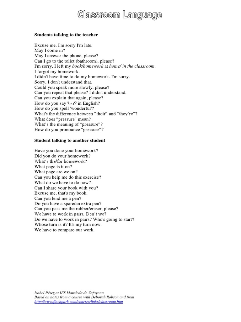 Essential Classroom Language for Students | PDF | Language Arts ...