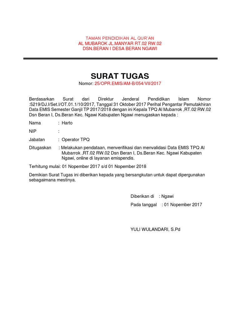 Contoh Surat Tugas Tpq Docx